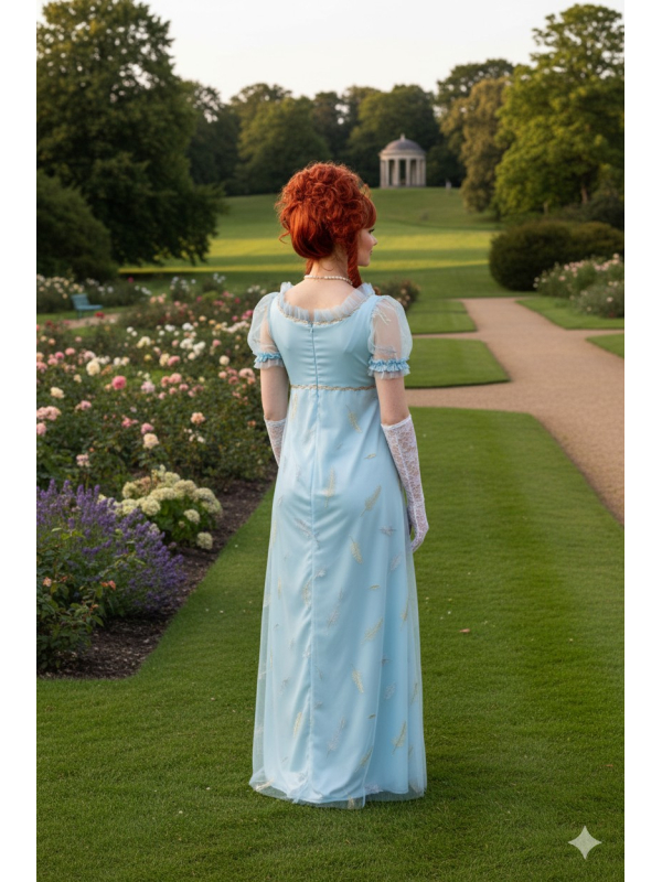 Robe Empire Régence Bleue – Déguisement élégant style Bridgerton & Jane Austen