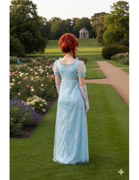 Robe Empire Régence Bleue – Déguisement élégant style Bridgerton & Jane Austen