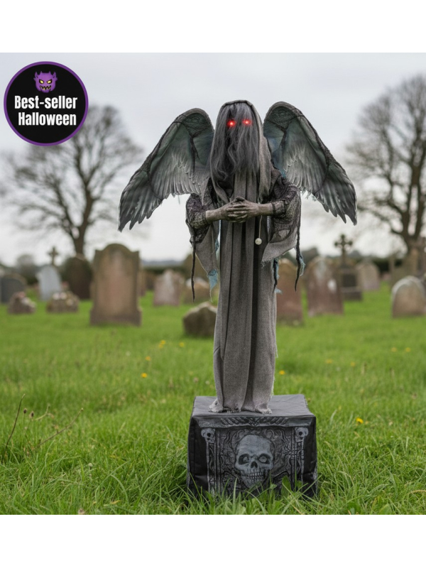 Déco Halloween: Pierre Tombale Animée avec Ange de la Mort 168 cm