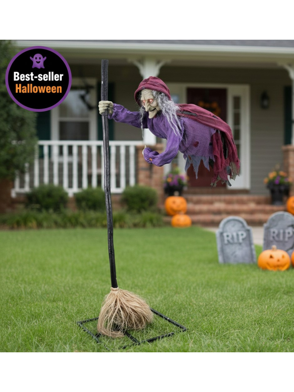 Automate Halloween Sorcière Volante 195 cm – Décoration Animée Incontournable