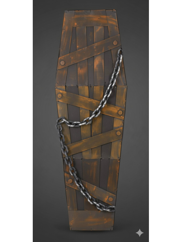 Cercueil Halloween 160cm en EVA aspect bois avec chaîne - Décoration effrayante et réaliste