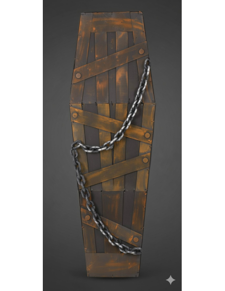 Cercueil Halloween 160cm en EVA aspect bois avec chaîne - Décoration effrayante et réaliste