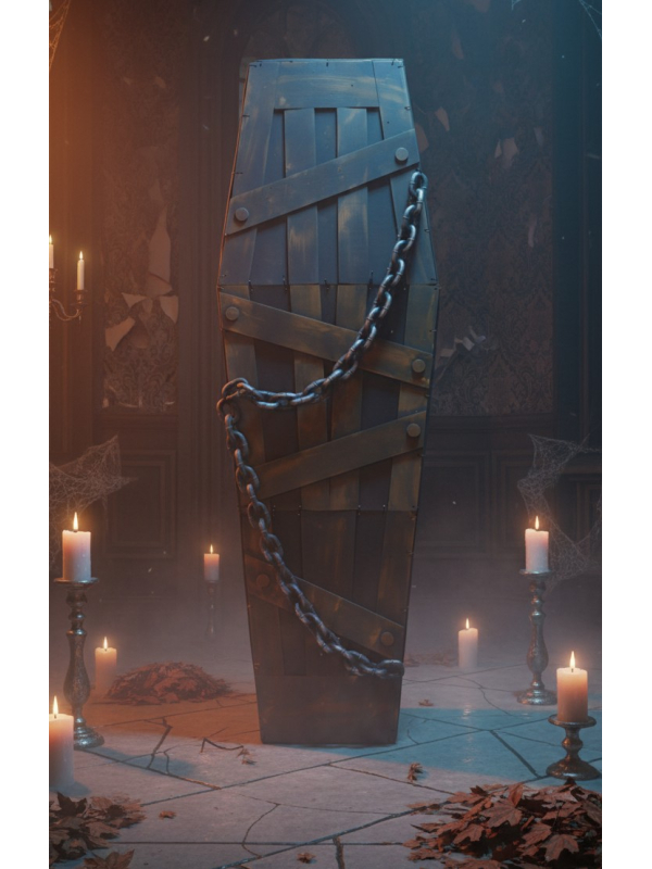 Cercueil Halloween 160cm en EVA aspect bois avec chaîne - Décoration effrayante et réaliste