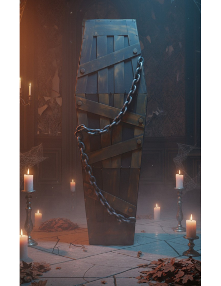 Cercueil Halloween 160cm en EVA aspect bois avec chaîne - Décoration effrayante et réaliste