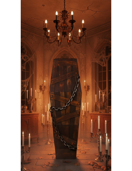 Cercueil Halloween 160cm en EVA aspect bois avec chaîne - Décoration effrayante et réaliste