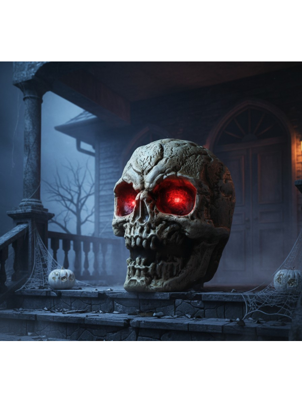 Crâne Géant Animé: Yeux Rouges & Son – Déco Halloween