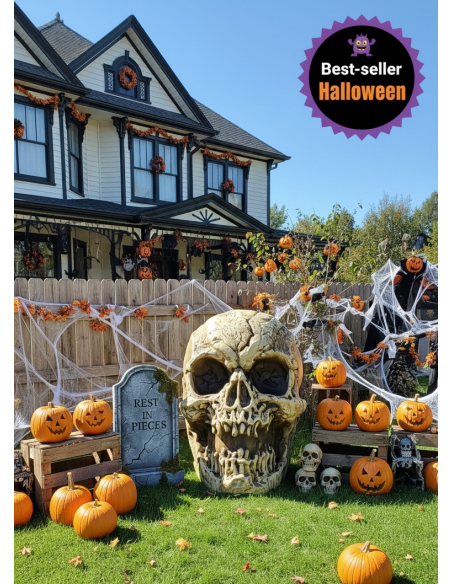 Crâne Géant Animé: Yeux Rouges & Son – Déco Halloween