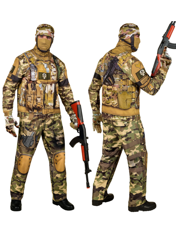 Déguisement Militaire Homme Camouflage – Tenue Complète avec Masque, Gants et Pantalon Tout Compris