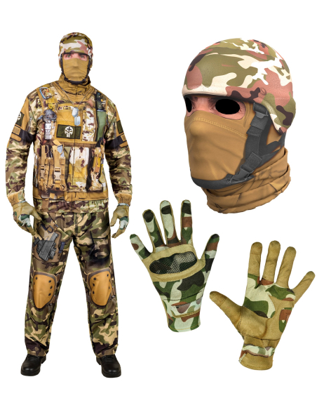 Déguisement Militaire Homme Camouflage – Tenue Complète avec Masque, Gants et Pantalon Tout Compris