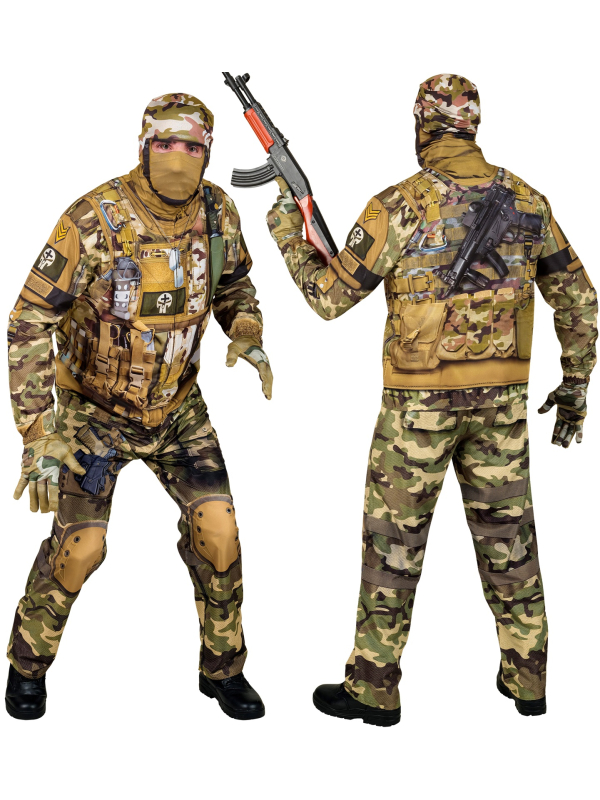 Déguisement Militaire Homme Camouflage – Tenue Complète avec Masque, Gants et Pantalon Tout Compris