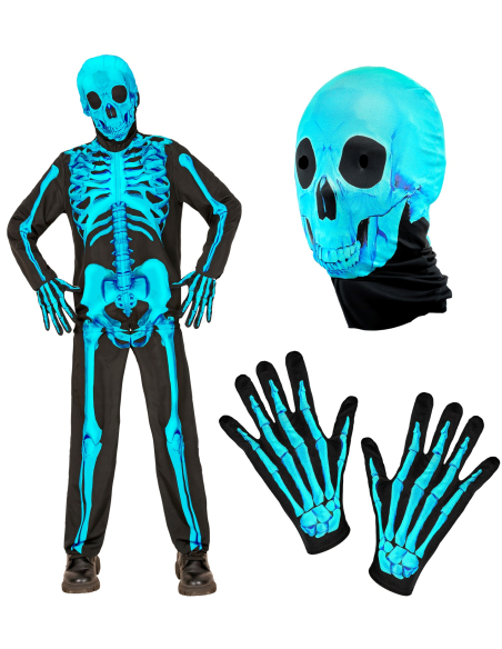 Déguisement Squelette Fluorescent FAST pour Enfant – Tenue Complète Halloween (Veste, Pantalon, Gants, Masque)