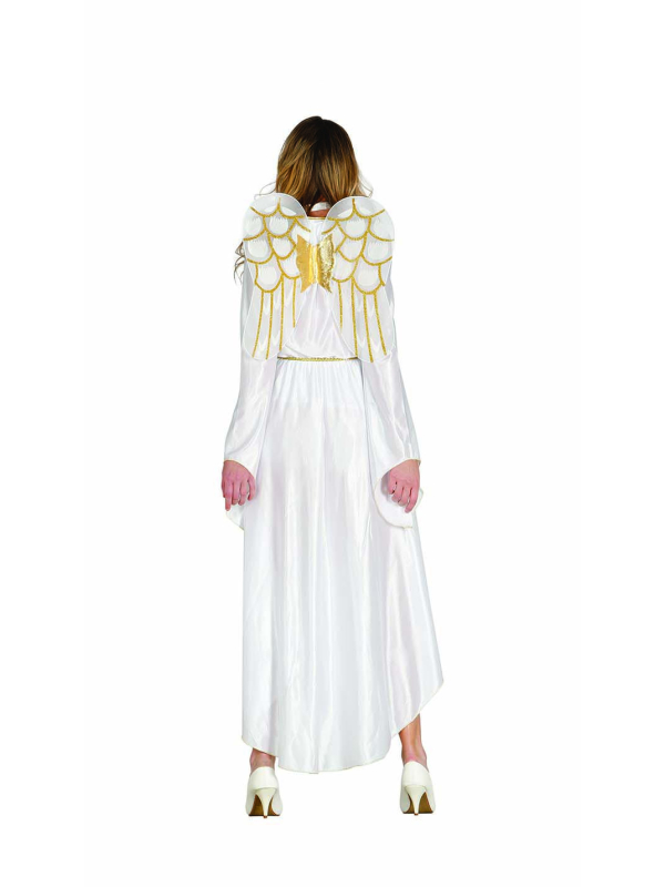Déguisement d’Ange Femme – Robe blanche asymétrique avec ailes et ceinture dorée (tailles M et L)