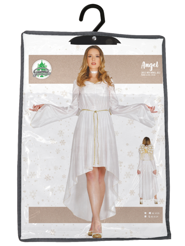 Déguisement d’Ange Femme – Robe blanche asymétrique avec ailes et ceinture dorée (tailles M et L)