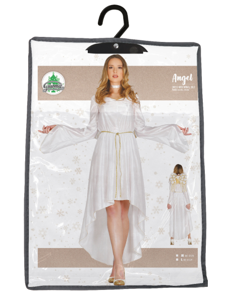 Déguisement d’Ange Femme – Robe blanche asymétrique avec ailes et ceinture dorée (tailles M et L)