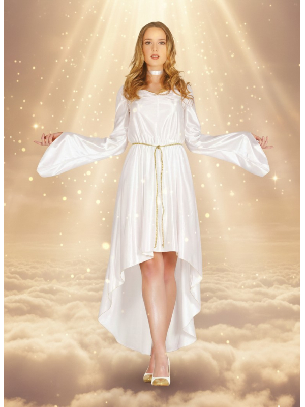 Déguisement d’Ange Femme – Robe blanche asymétrique avec ailes et ceinture dorée (tailles M et L)