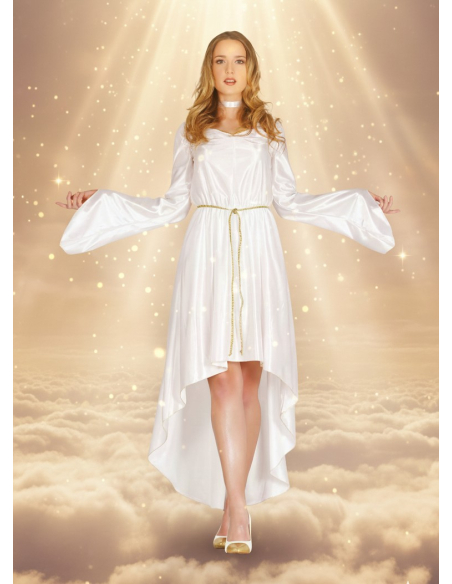 Déguisement d’Ange Femme – Robe blanche asymétrique avec ailes et ceinture dorée (tailles M et L)