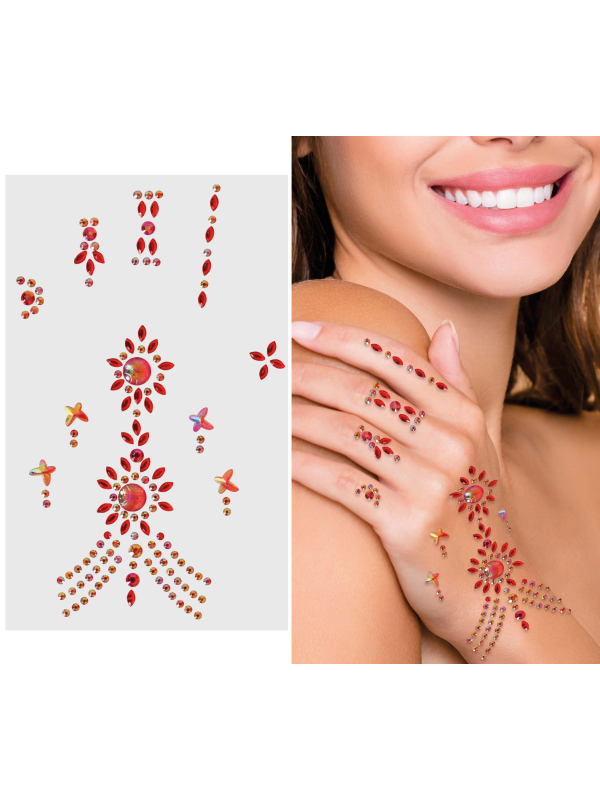 Bijoux Adhésifs Main 11x18 cm – Strass Rouges Style Henné Glamour