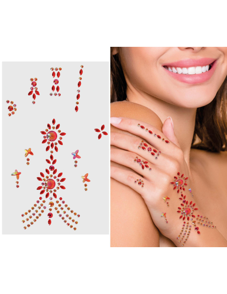 Bijoux Adhésifs Main 11x18 cm – Strass Rouges Style Henné Glamour