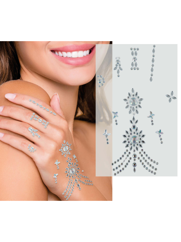 Bijoux Adhésifs Main 11x18 cm – Strass Argentés Effet Cristal pour Mariage, Scène ou Festival