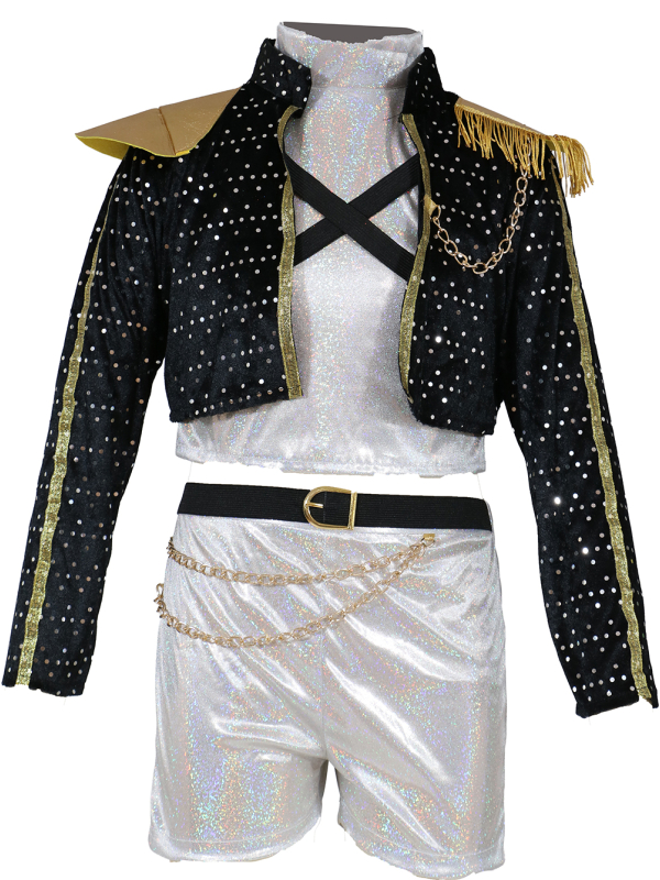 Pop-Star Silver Leader – Déguisement K-Pop enfant/ado (veste, ceinture, bas argenté, t-shirt)