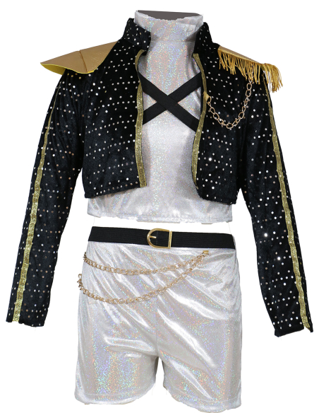 Pop-Star Silver Leader – Déguisement K-Pop enfant/ado (veste, ceinture, bas argenté, t-shirt)