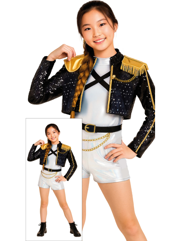 Pop-Star Silver Leader – Déguisement K-Pop enfant/ado (veste, ceinture, bas argenté, t-shirt)
