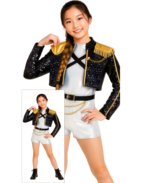 Pop-Star Silver Leader – Déguisement K-Pop enfant/ado (veste, ceinture, bas argenté, t-shirt)