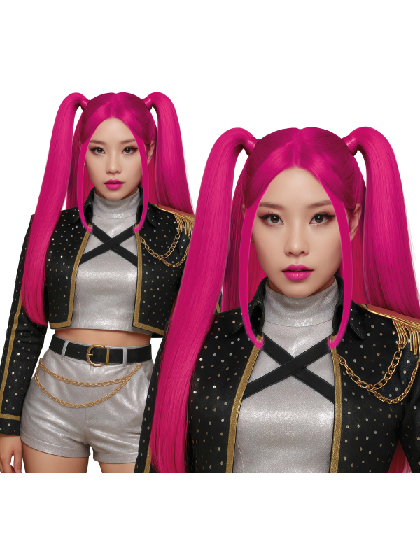 Perruque Femme Rose Fuchsia à Couettes Longues – Style K-Pop Pop-Star Silver Leader