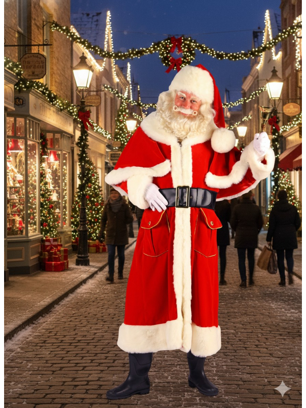Costume de Père Noël luxe avec Manteau long, ceinture, bonnet