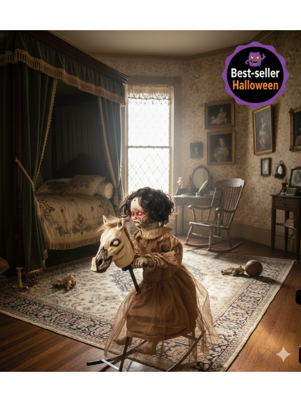 Automate Halloween : Fillette maudite sur cheval à bascule – 100 cm