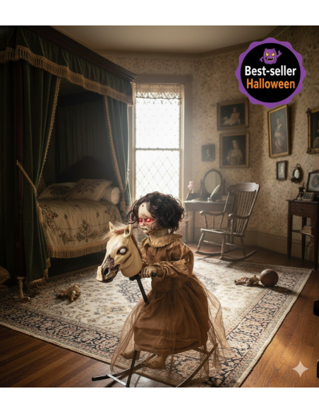 Automate Halloween : Fillette maudite sur cheval à bascule – 100 cm