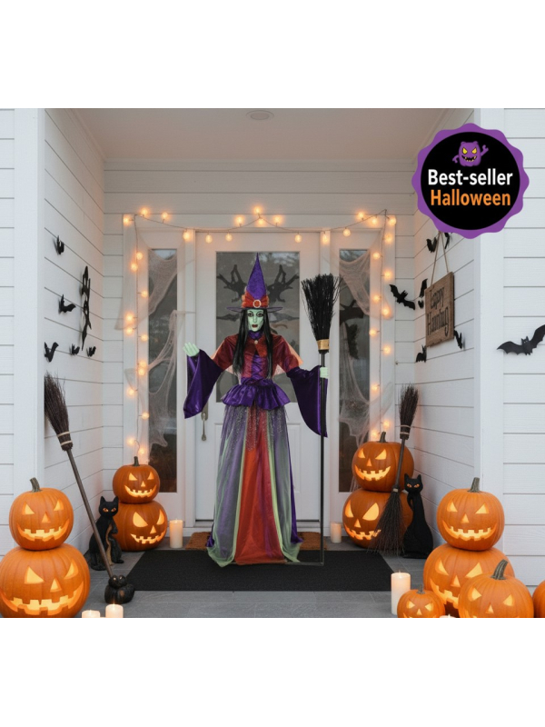 Sorcière Animée pour Halloween de 2,15m avec Yeux Lumineux et Bouche Mobile