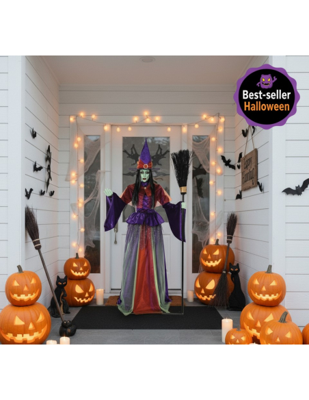 Sorcière Animée pour Halloween de 2,15m avec Yeux Lumineux et Bouche Mobile