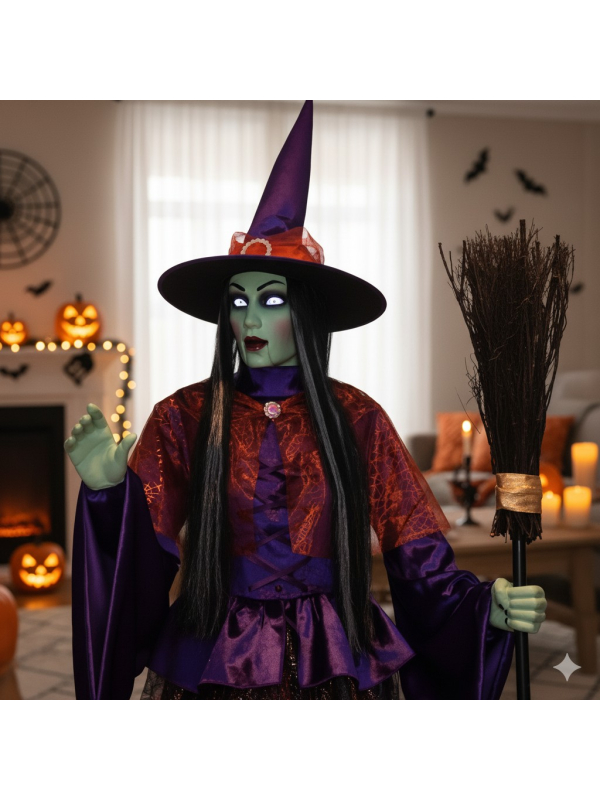 Sorcière Animée pour Halloween de 2,15m avec Yeux Lumineux et Bouche Mobile