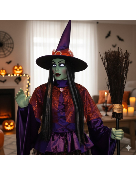 Sorcière Animée pour Halloween de 2,15m avec Yeux Lumineux et Bouche Mobile