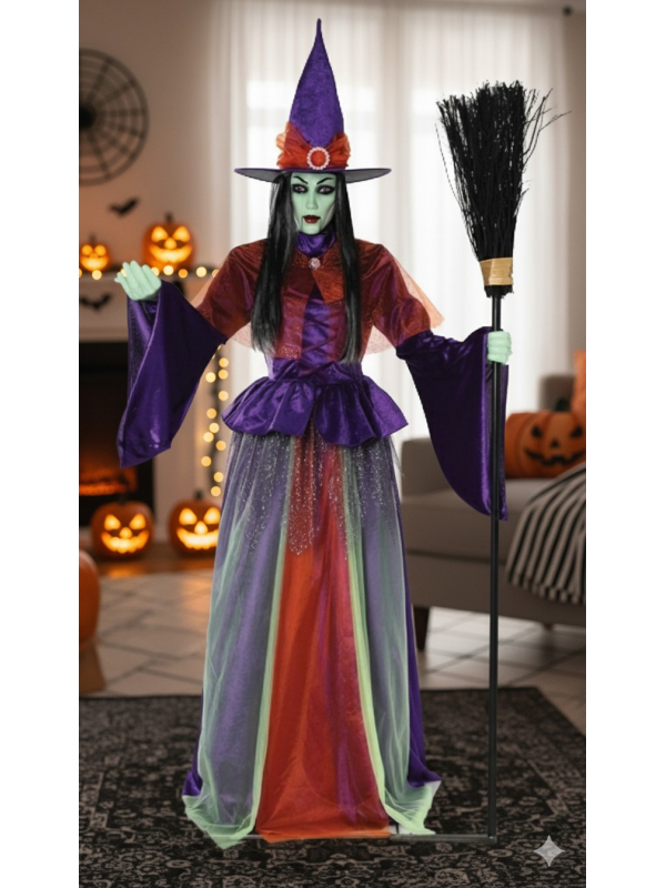 Sorcière Animée pour Halloween de 2,15m avec Yeux Lumineux et Bouche Mobile