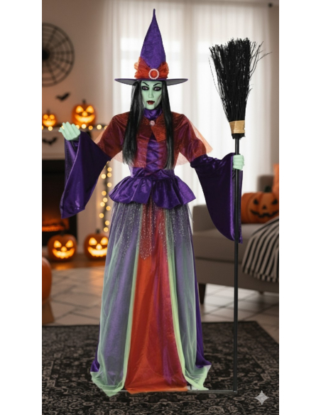 Sorcière Animée pour Halloween de 2,15m avec Yeux Lumineux et Bouche Mobile