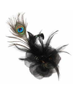 Broche fleur noire avec plume de paon – Accessoire chic et intemporel 2