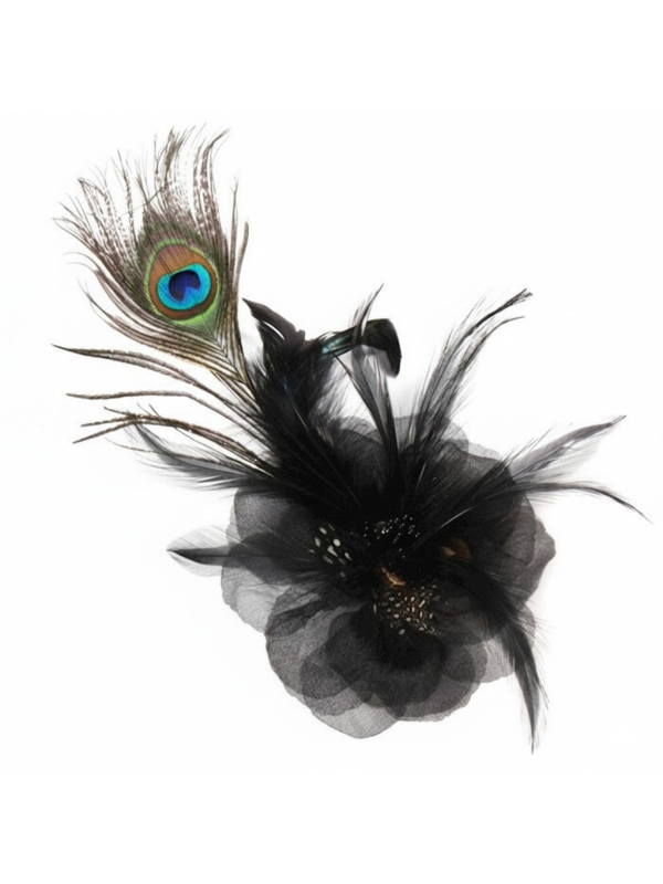 Broche fleur noire avec plume de paon – Accessoire chic et intemporel