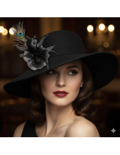 Broche fleur noire avec plume de paon – Accessoire chic et intemporel
