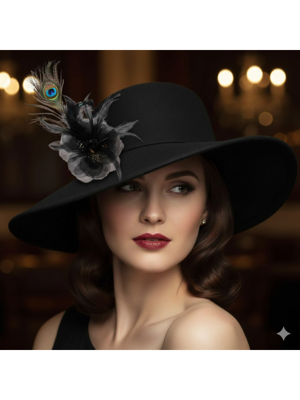 Broche fleur noire avec plume de paon – Accessoire chic et intemporel