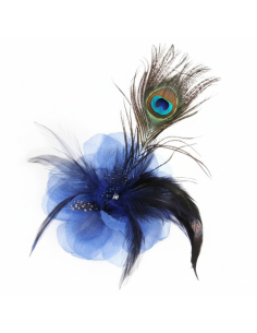 Broche fleur bleue avec plume de paon – Accessoire élégant pour chapeau & tenue 2