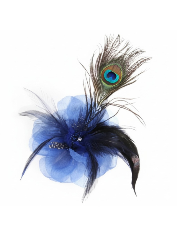 Broche fleur bleue avec plume de paon – Accessoire élégant pour chapeau & tenue
