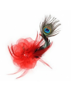 Broche fleur rouge avec plume de paon – Accessoire glamour pour chapeau & robe 2