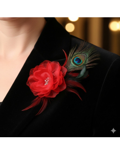 Broche fleur rouge avec plume de paon – Accessoire glamour pour chapeau & robe