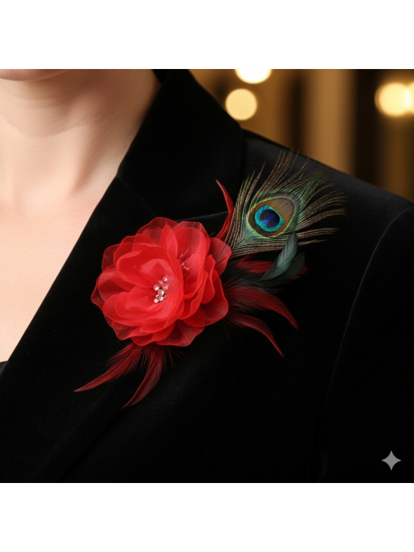 Broche fleur rouge avec plume de paon – Accessoire glamour pour chapeau & robe