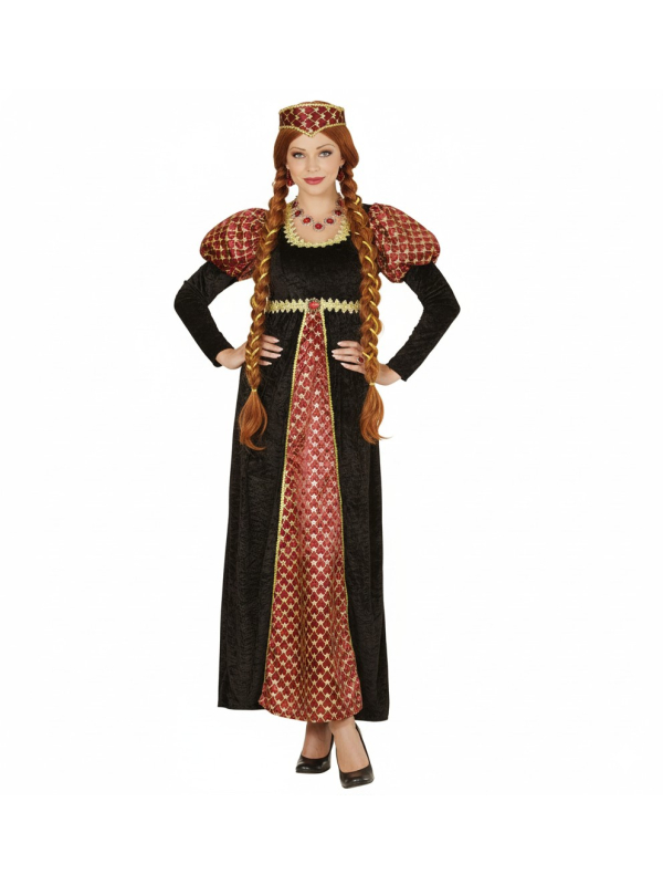 Robe médiévale femme noire & rouge – Coiffe incluse