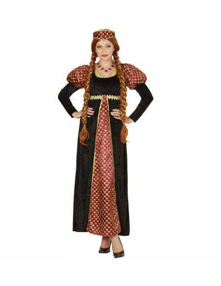 Robe médiévale femme noire & rouge – Coiffe incluse