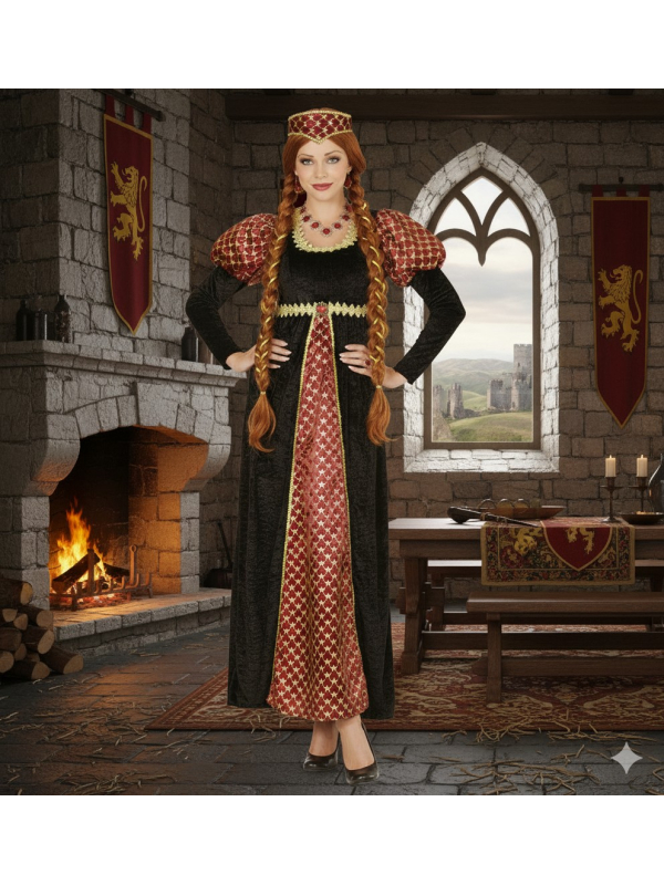 Robe médiévale femme noire & rouge – Coiffe incluse