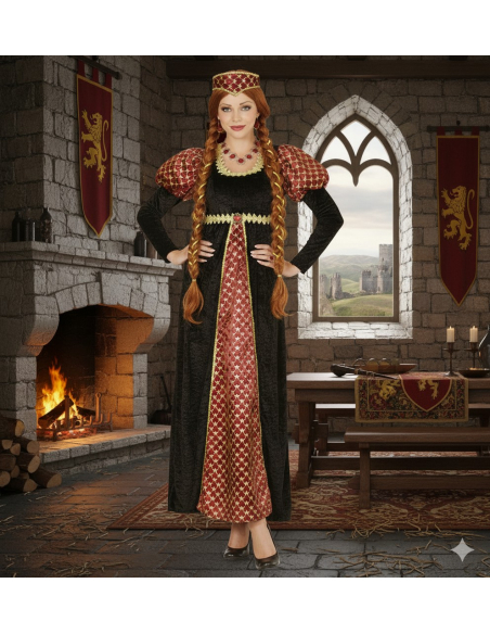 Robe médiévale femme noire & rouge – Coiffe incluse